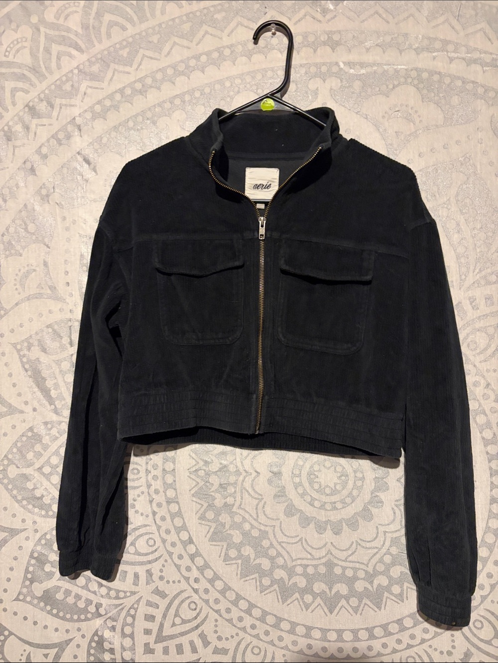 aerie Black Cropped Corduroy Zip Jacket size s/p